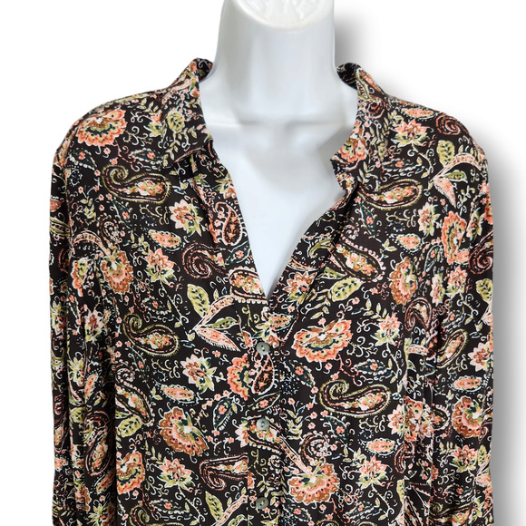 J Jill Buttoned Tunic Blouse Large Petite Black Pink Floral Filigree Lightweight - Picture 2 of 10